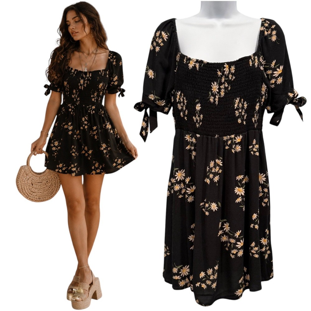 American Eagle Smocked Mini Dress Floral Tie Sleeves Romantic Boho Black Size M
